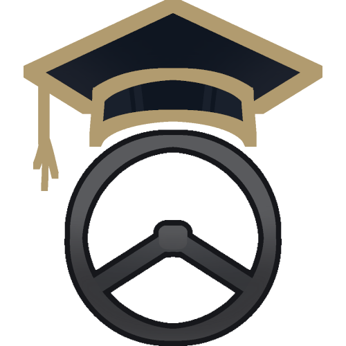 A gray steering wheel with a graduation cap that has a tassel hanging down on the left side.